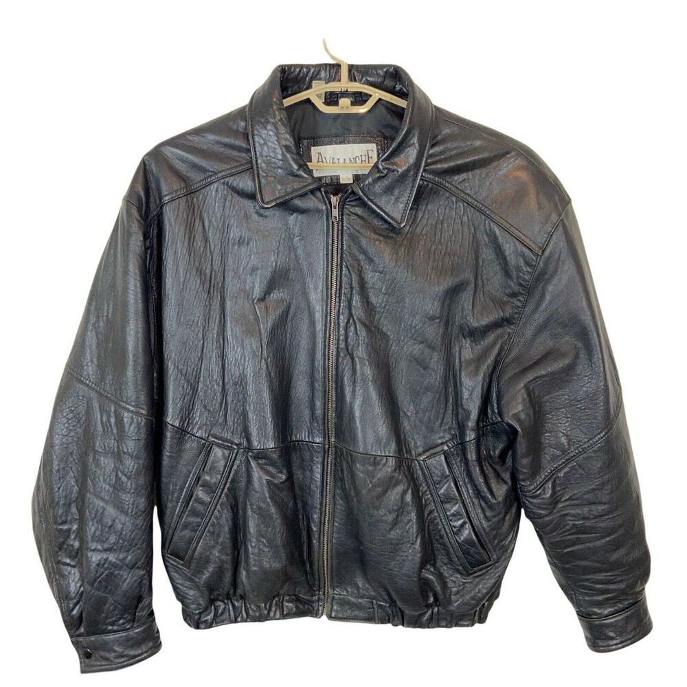 Bomber Jacket Vintage Avalanche Men's Black Leather Long Sleeve Full Zip Size XL